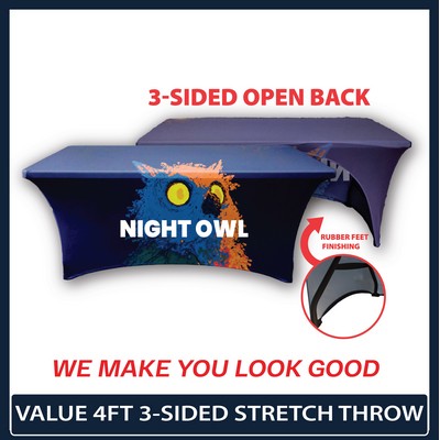 Value - 4' x 30"Top x 29"H - 3 Sided Hemmed Stretch Table Throw(Full Coverage Dye Sublimation)